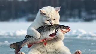 【生成AI猫動画】「氷の上で釣りをする猫」AIのNG集あり