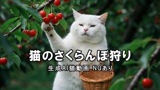 【生成AI猫動画】猫のさくらんぼ狩り　NGあり